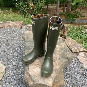 Barbour Olive Green Over-the-Knee Rain Boots with Tartan Lining